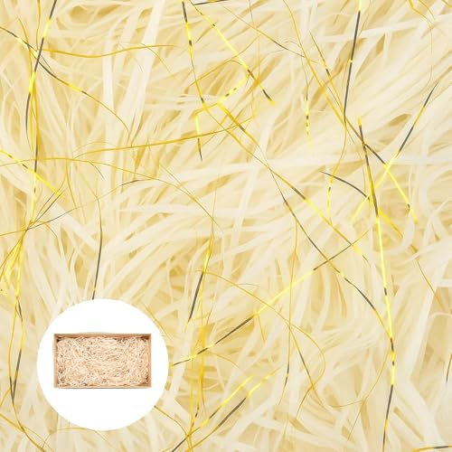 Holzwolle Füllmaterial Geschenk 200g Champagnerfarbene Raffia Streu mit 10g Goldfäden Ideales Verpackungsmaterial für Geschenkboxen DIY Deko für Events und Wohnaccessoires