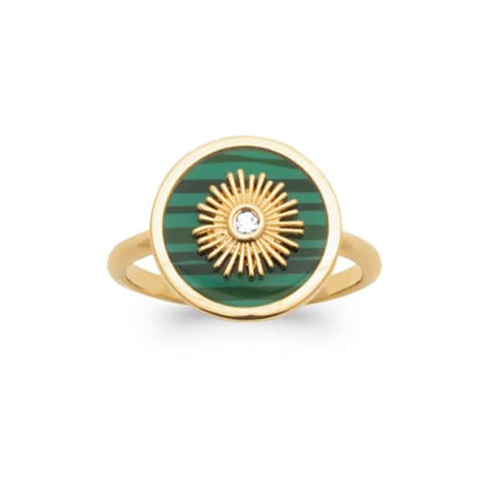 Bague en plaqué or résistante à l'eau avec cabochon malachite véritable