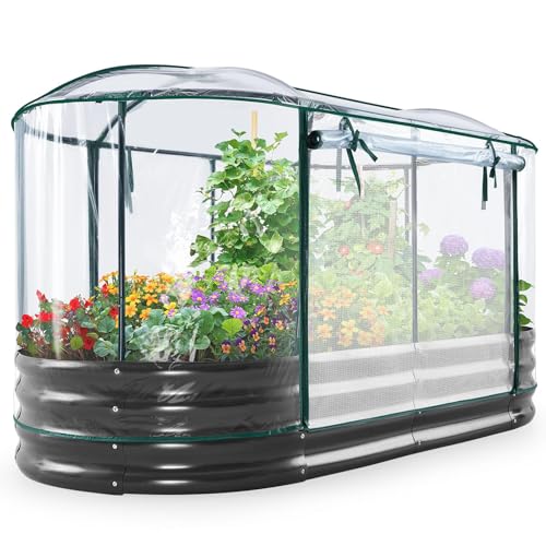 KING BIRD Raised Garden Bed with Cover Galvanized Oval Planter Garden Box Outdoor for Gardening Vegetables Flowers Clear