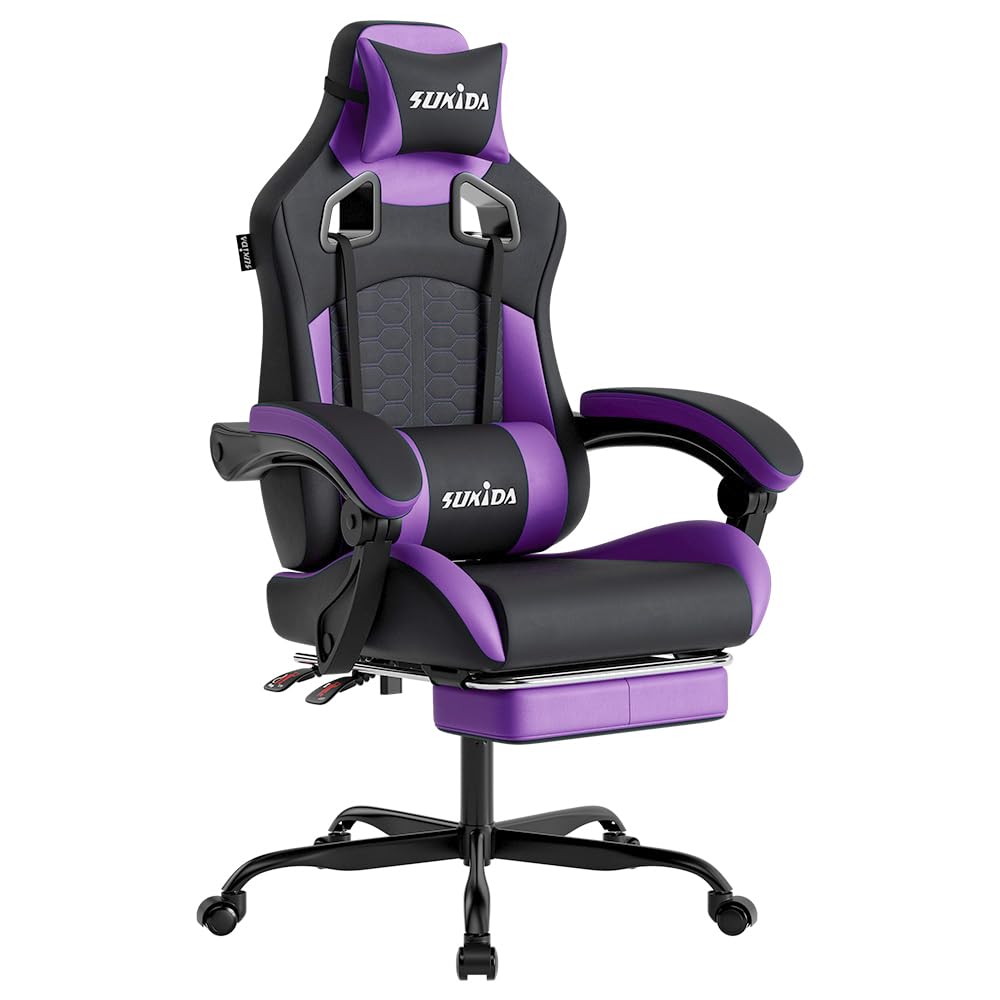 SUKIDA Gaming Stuhl,Ergonomischer Gaming-Stuhl mit Fußstütze, Racing Gaming Chair Kopfstütze Verstellbarer Computerstuhl Höhenverstellbar Lendenwirbelstütze für Homeoffice und Gaming und Gaming