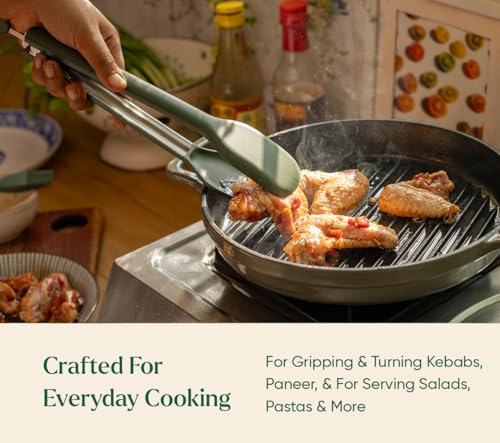 Image of Ember Cookware Silicone Kitchen Tongs | 230C Heat Resistant | Versatile- for Kitchen and Serving| Stainless Steel Core with Food Safe Silicone Grip | Locking Mechanism for Compact Storage | Green