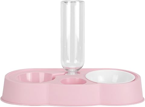 Pet Water and Food Bowl Set, Stable Prevent Slip Double Pet Bowls with Automatic Water Dispenser Bottle, Double Dog Cat Bowls Pet Feeding Bowls for Cats Small DogsPink