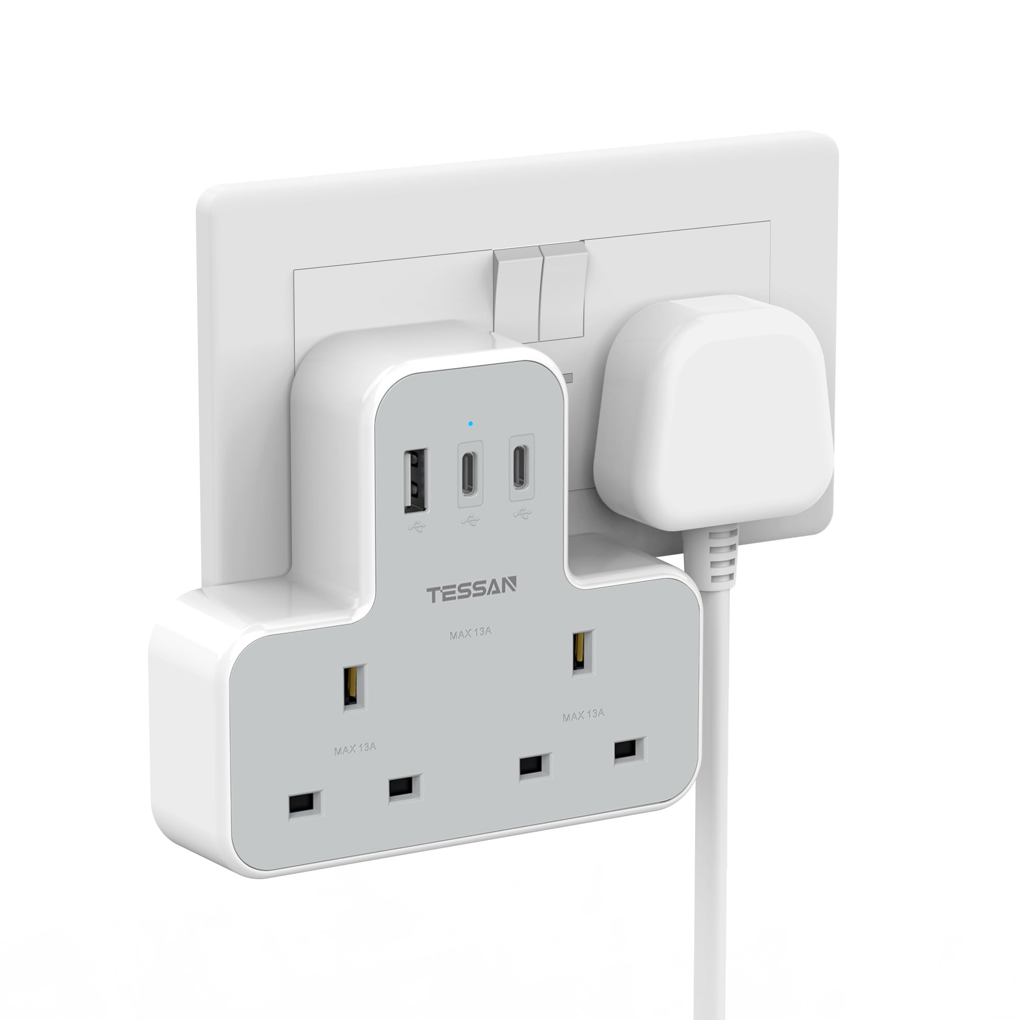 USB C Charger Plug Adapter UK, TESSAN Double Plug Extension Socket with Fast Charger, Multi USB Charging Station, MultiPlug Extender Compatible for Kitchen, School Supplies