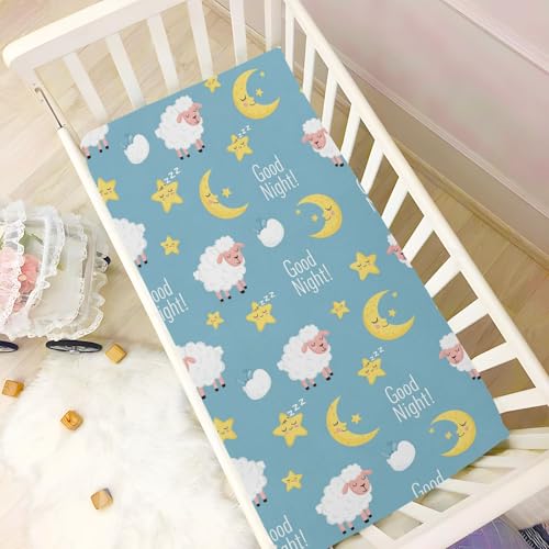 Image of Sheep Moon Blue Fitted Crib Sheet for Boys Girls Baby Breathable Crib Sheets for Crib Mattress,39 x 27 in