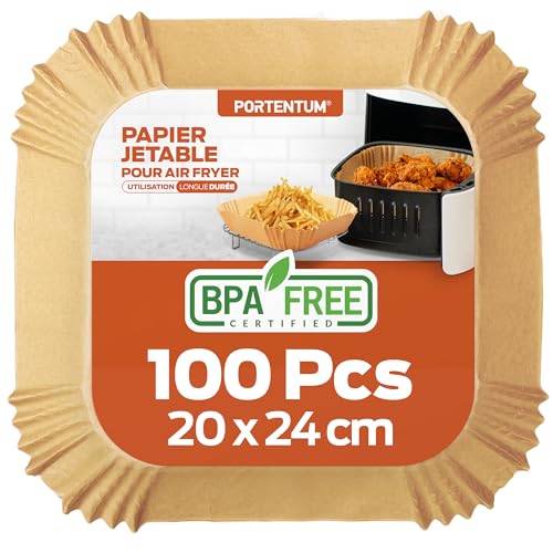 PORTENTUM Papier cuisson air fryer - 100 pièces Food-Grade BPA, 20×24 cm, adapté friteuses 5–8 L, solution idéale pour préparation saine