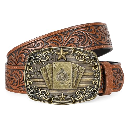 BELTROAD Cowboy Belt Western Leather Belts for Men Women Cowgirl Mens Leather Belt with Buckle for Jeans Outfit Gifts Present Playing card pattern Brown 110cm