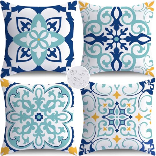 NIGHTWISH Outdoor Waterproof Pillow Covers 18x18 Set of 4 Teal Boho Decorative Throw Pillows Floral Cushion Cases for Patio Furniture Bench Couch Sunbrella