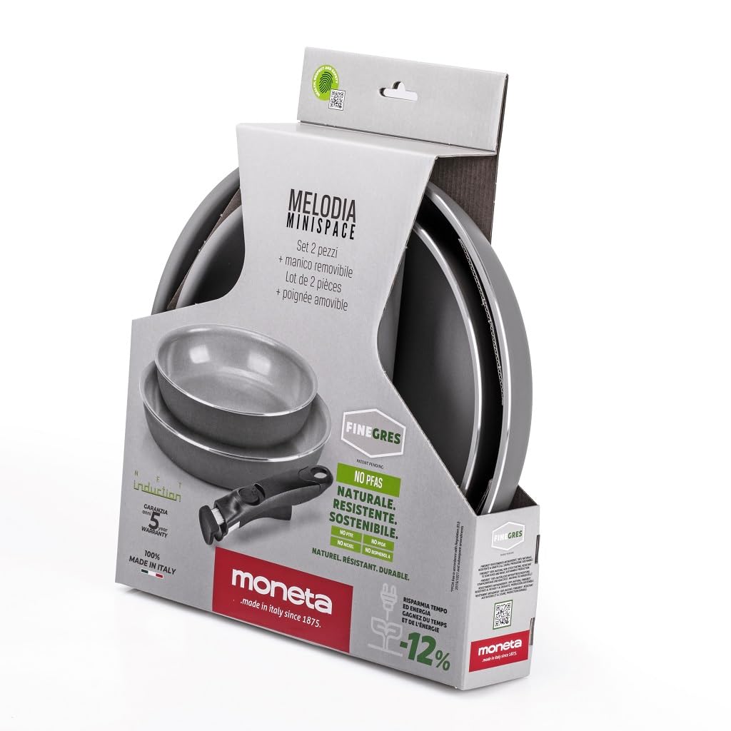 Moneta Melodia Finegres Minispace Set di padelle 24-28 cm, rivestimento naturale FineGres (NO PFAS), anche per induzione. 100% Made in Italy.
