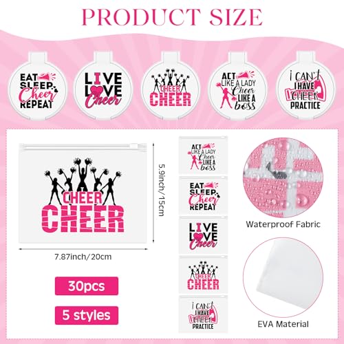 121 Pcs Cheerleader Gifts Kit 30 Zipper Portable Cheer Makeup Bag 30 Keychain Wristband Mirror 1 Bag Waterproof Cheer Stickers for Women Girls Cheerleader Teammates2