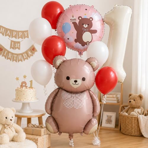 Image of Rozi Decoration Teddy Bear Birthday Balloon Set with Number 1 Foil Balloon, Round Printed Balloon & Latex Balloons, First Birthday Decoration Kit for Baby Boy & Girl Party