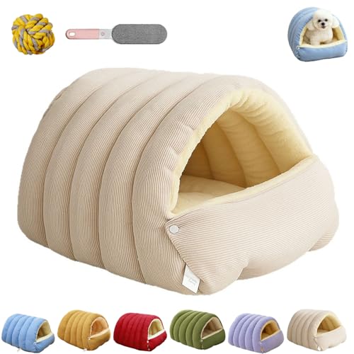 Cuccia invernale per gatti chiusa, rimovibile e lavabile, comoda cuccia per gatti e gatti di piccola taglia in morbido peluche, cuccia calda per gatti, gattini e cani di piccola taglia (beige, L - 57