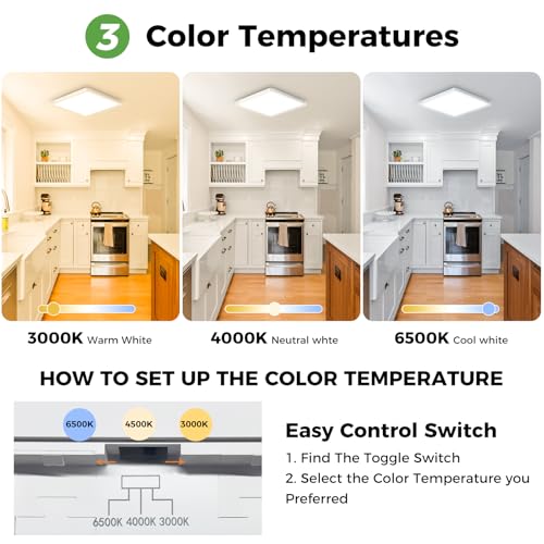 zemty Deckenlampe LED Deckenleuchte Flach, 3Farben - 3000K/4000K/6500K, IP44 Wasserfest Quadrat Badlampe Decke, 1800LM Modern LED Decklit für Flur küche Badezimmer Schlafzimmer Büro, Ø18CM