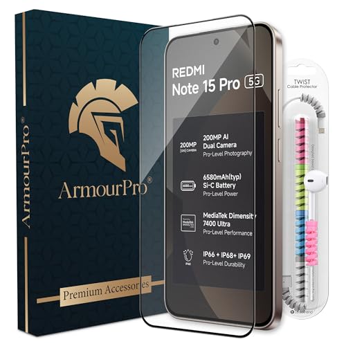 Image of ArmourPro Military-Grade Tempered Glass for Redmi Note 15 Pro - 9H Anti Scratch, Edge-to-Edge Coverage, HD Clarity, Smooth Touch, Case Friendly, Easy Installation Kit with Cable Protector