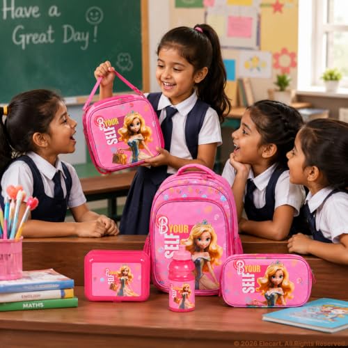 Image of Combo Set for Girls - 5 in 1 Back to School Hamper with Backpack, Lunch Bag, Tiffin Box, Water Bottle & Pencil Pouch - Complete School Essentials Gift Set for Kids (Pink Bag)
