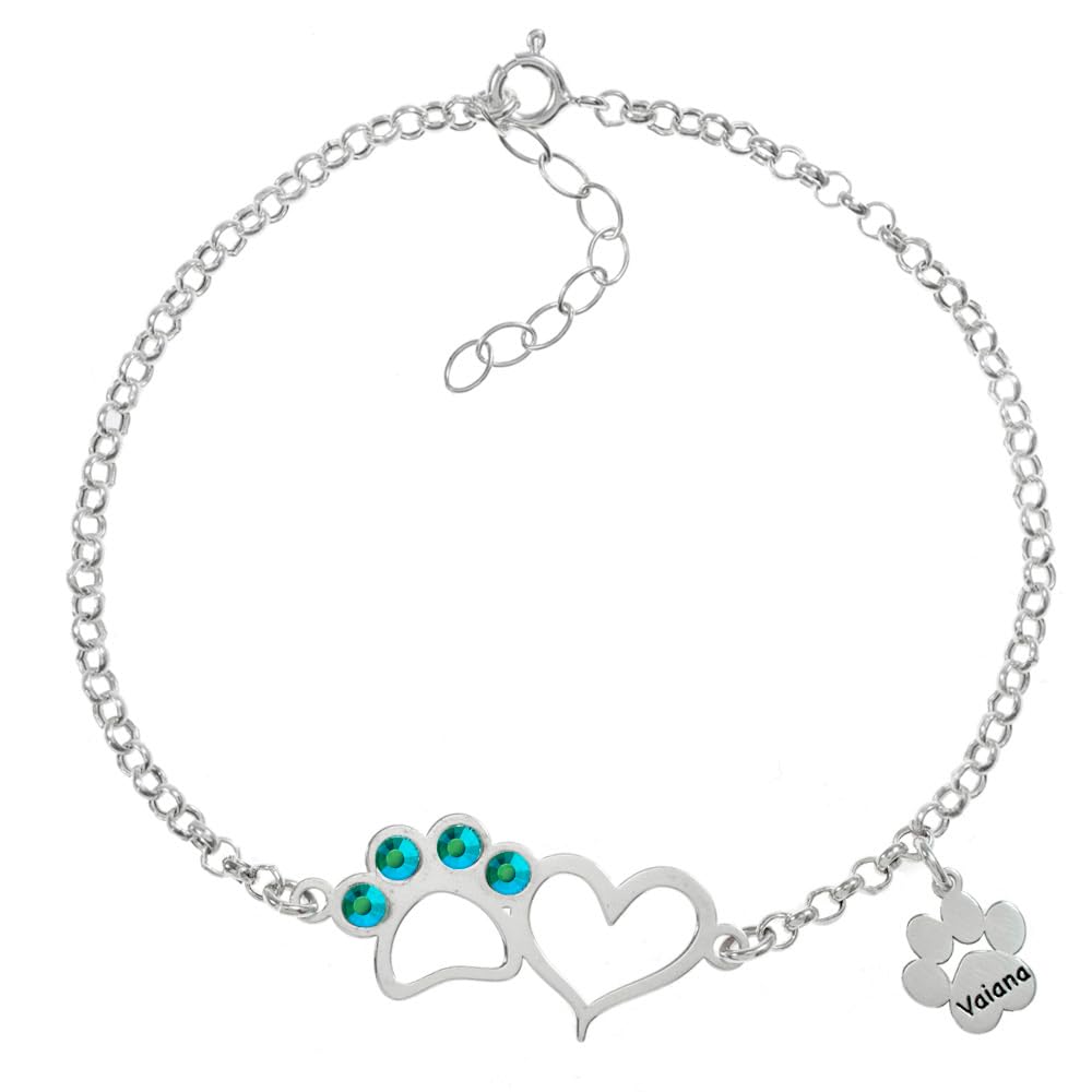 Pulsera huella y corazón con nombre de mascota personalizado de Plata 925 - Pulsera personalizable Plata 925 con nombre de perro - Pulsera con nombre de mascota grabado Plata de Ley