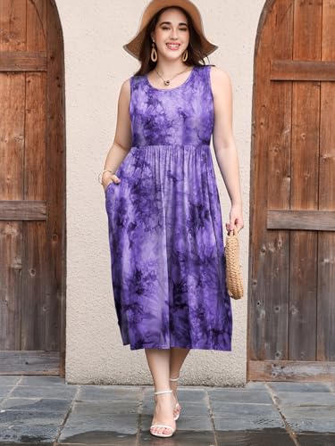 Image of LARACE Women's Plus Size Sleeveless Maxi Dress Casual Crew Neck Pleated Flowy Long Dresses with Pockets L-6XL