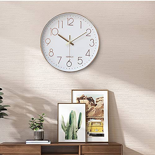 Image of HZDHCLH Atomic Analog Wall Clock,12 inch Battery Operated Mordern Round Clock,Automatically Set and Easy to Read,Decorate Living Room Kitchen Bedroom Office Classroom (White-Rosegold)