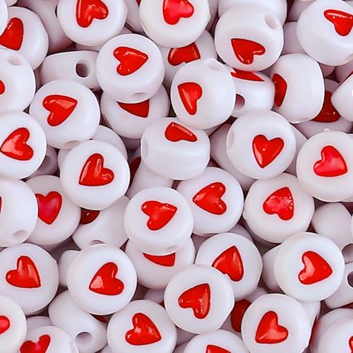 300pcs Letter Beads Heart 4x7mm Flat Round Individual Acrylic Name Alphabet Beads Bulk for Friendship Bracelet Jewelry Keychains Craft Making Red Heart