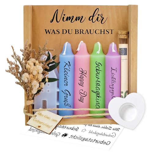 Kerzen Geschenkset für Frauen, Geburtstagskerze Geschenk für Freundin Geburtstag, Deko Kerzen Set mit Kerzenhalter, Geschenkidee für Mama Schwester Beste Freundin, Geburtstagsgeschenk Frauen Box