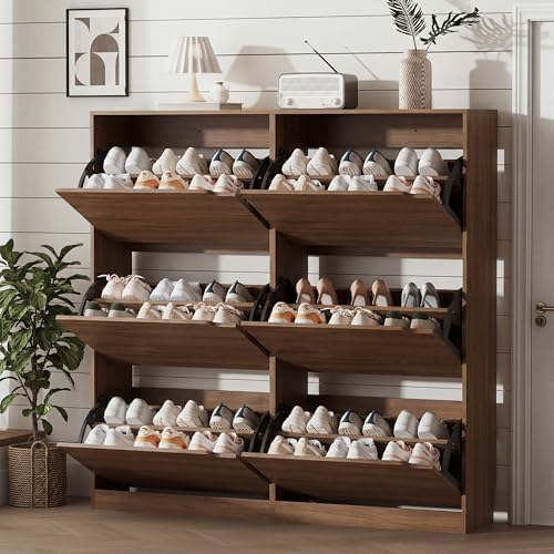Image of Xixini Shoe Storage Cabinet for Entryway with 6 Flip Drawers, Sturdy Wood Hidden Shoe Storage, Freestanding Narrow Slim Shoe Organizer for Front Door Entrance, Living Room, Hallway, Bedroom, Walnut