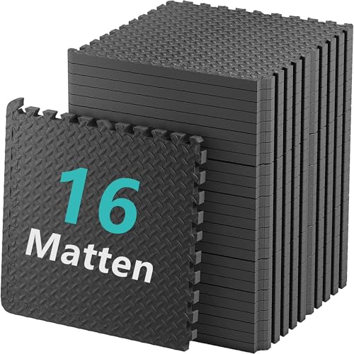 [16 PCS] Foam Mats,30X30cm Interlocking Floor Mats,Gym Floor Mats,Foam Exercise Mats,Interlocking Puzzle Eva Floor Tiles,Non Slip Rubber Cushion For Home Workout,Bonus Adhesives,12"X12"