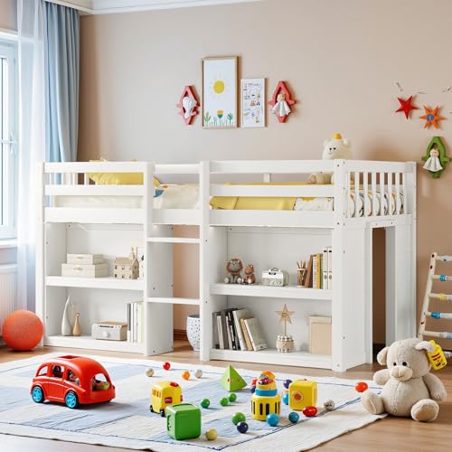 NicBex Twin Size Low Loft Bed with 2-Tier Shelves & LED Lights, Loft Bed Frame with Stairs & Stairway Storage Function & Wood Slats Support, Wood Twin Loft Bed for Girls or Boys Loft, White