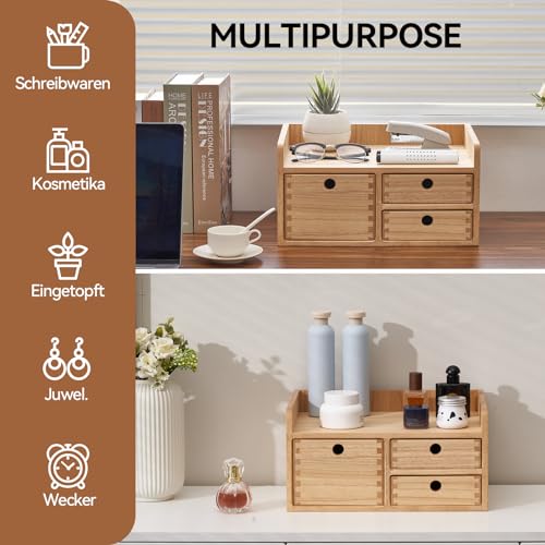 KIRIGEN Wood Desktop Organizer mit Schubladen Home Workspace Office Supplies Wooden Storage Box Shelf Case Hold Makeup Box with 3 Drawers and 1 Shelves Natural