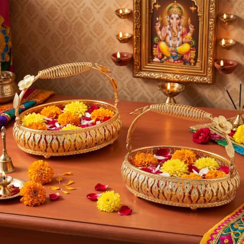 2 Pcs Puja Thali Basket, Diwali Metal Flower Girl Basket, Gold, Oval by Zhengmy - Used condition - Image 7