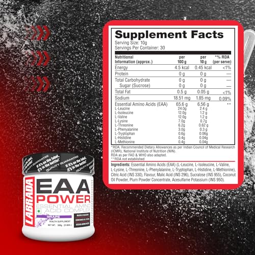 Image of Labrada EAA Power Essential Amino Acid Complex, Grape, 300g (30 Servings | 6.56g EAAs | Muscle Building | Vegan)