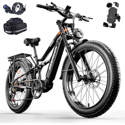 Seemoon Electric Bike,52V 19Ah 1000W Motor 26" Fat Tire Ebike for Adult,Max 32 mph & 30-85 Miles Full Suspension,Hydraulic Brakes Mountain E Bicycle for Men (1 Motor, Black & Orange) Cover