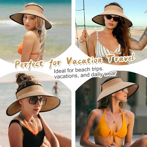 Image of Summer Straw Beach Sun Visor Ponytail Hats for Women Foldable Floppy