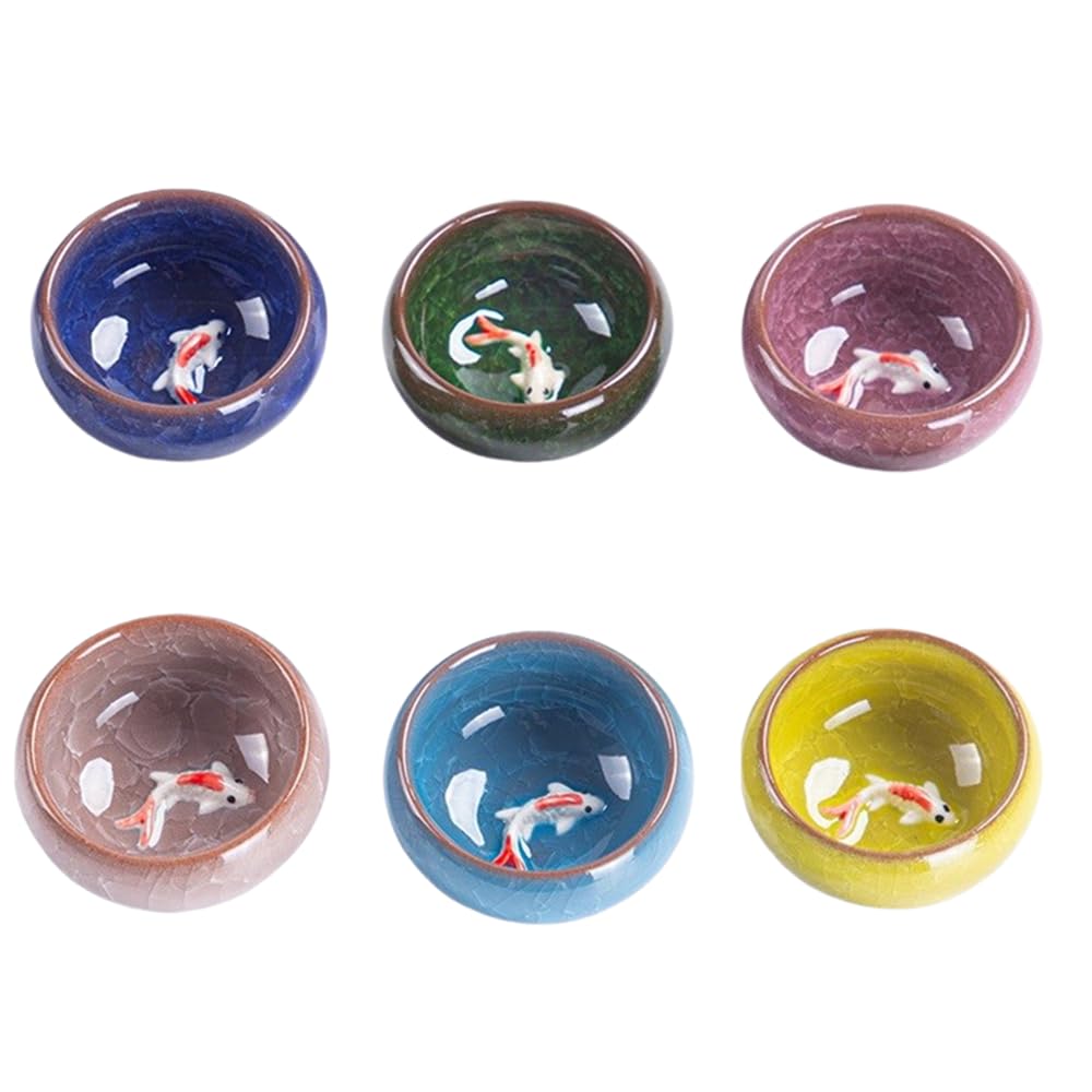 ZPGXLRZ 6-Piece Handcrafted Crackle Glaze Tea Cups Set - Unique Koi Fish Design Ceramic Cups for Chinese Kung Fu Tea Ceremony & Zen Home Decor (Collectors/Tea Lovers)
