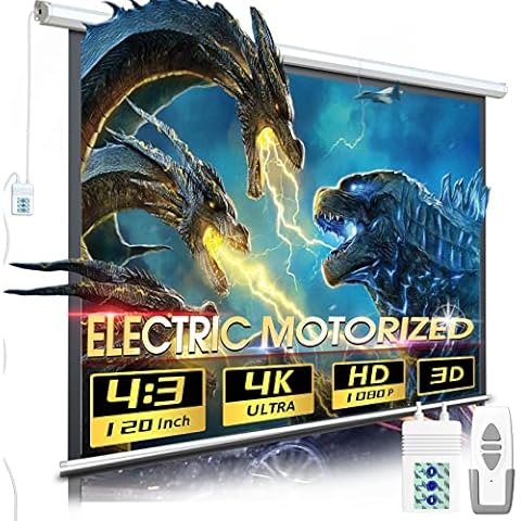 Aoxun Motorized Projector Screen Pull Down with Remote Control 120 inch Electric 4:3 Projection Screen,Video Projection Screens-White Cover