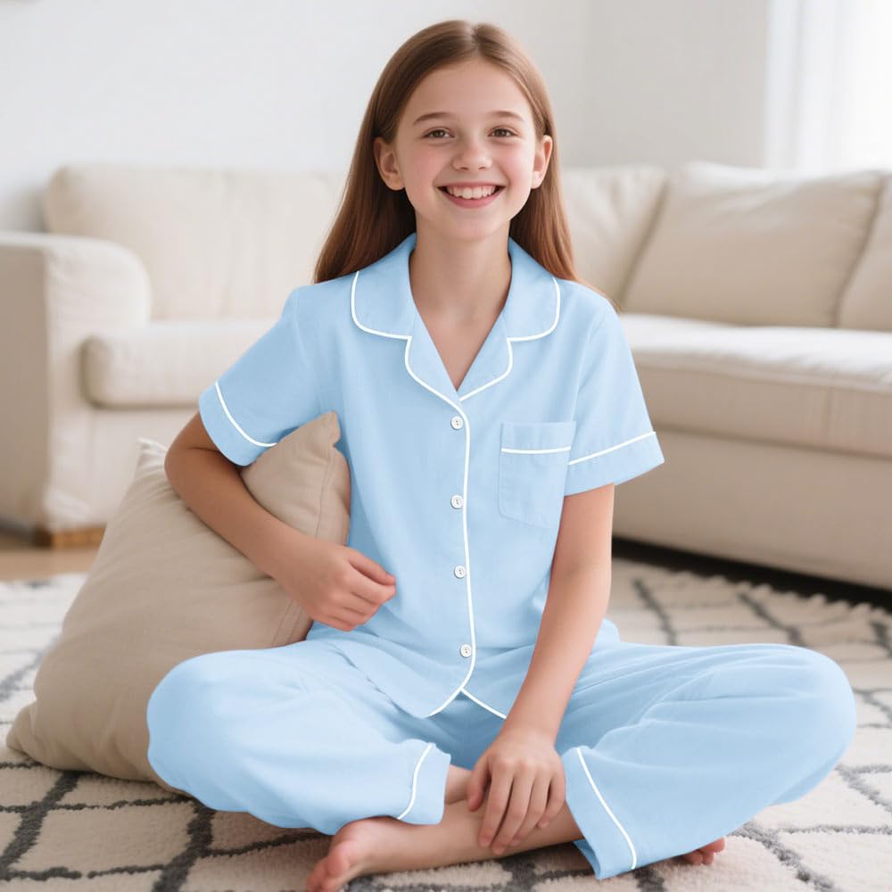 SANGTREE 3 Piece Boys Girls Pajama Sets Sleepwear Kids Clothes Girls Pjs Teen Button Down for Nights, for 5-14 Years - Image 6