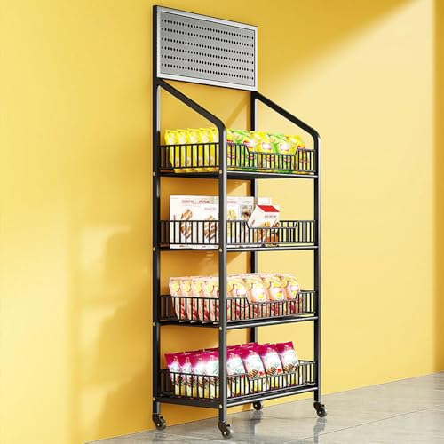 Estante de exhibición de bocadillos de caramelos, soporte de pie con ruedas y ganchos, estante versátil para organizar aperitivos y confitería en supermercados y hogares