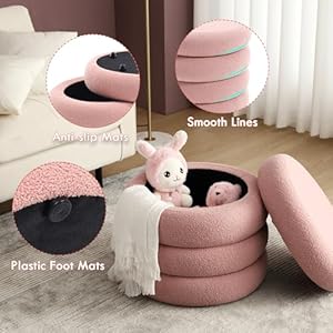 Round ottoman with storage boucle storage ottoman with removable lid upholstered sherpa foot rest stools for living room pink  urban country home decor