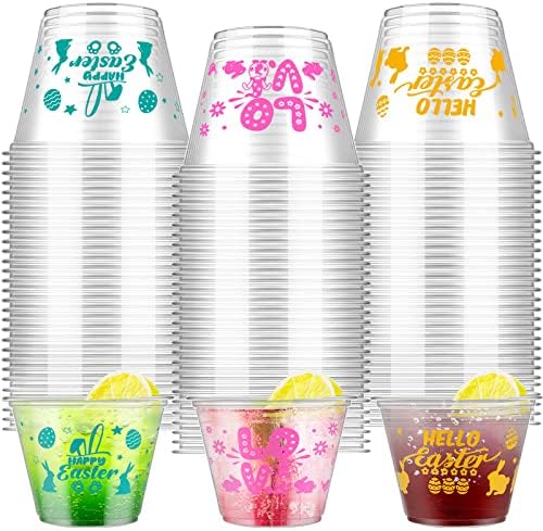 Meanplan 120 Pcs Easter Plastic Cups Happy Easter Cup Disposable Clear Cups with Bunny and Easter Eggs Coffee Cups for Easter Party Supply Tableware Drinking Beer Beverage Ice Cream (9 Oz)