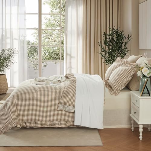 Image of Cupocupa Gingham Ruffle Comforter Set King - 3 Piece Tan Checkered Bedding Set - Aesthetic Cottagecore Ruffled Farmhouse Comforter with 2 Pillow Shams - Soft, Lightweight All Season Bedding