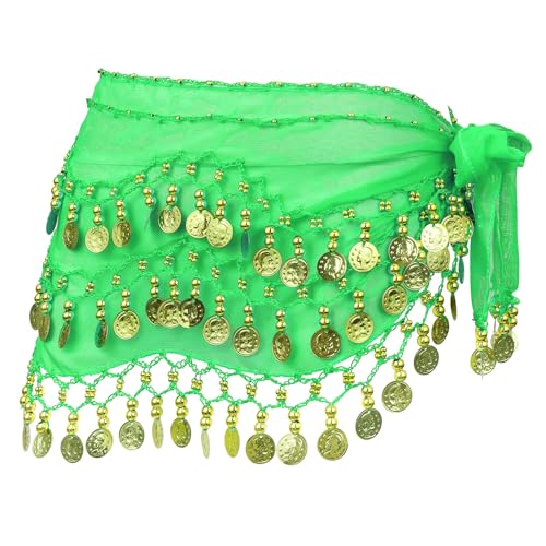 ROMISBABA Pañuelo de Gasa Verde Cinturón para Danza del Vientre para Mujer con 3 Hileras y 128 Monedas Accesorio Firme y Difícil de Caer