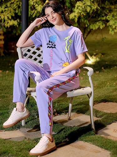Image of ZEYO Night Suit for Women's Typography Printed Cotton Night Dress of Top and Joggers
