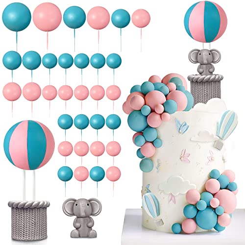 33 Pcs Hot Air Balloon Elephant Cake Decoration Cute Baby Elephant Cake Decorations Pearl Balls Cake Picks Elephant Theme Birthday Baby Shower Cake Decoration Supplies Blue Pink #TOP23