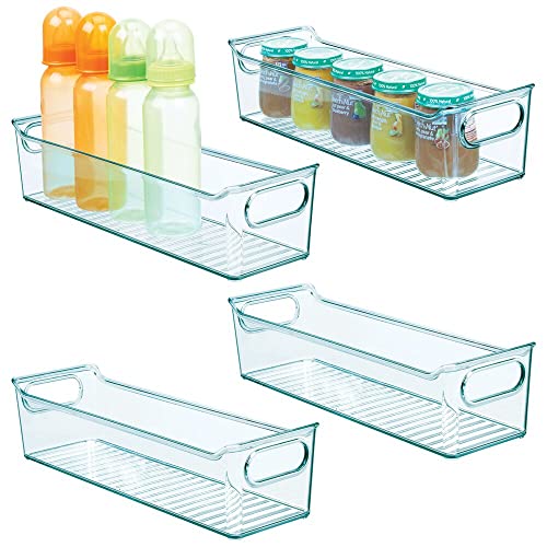 Image of mDesign Slim Plastic Nursery Storage Container Bins with Handles for Organization in Pantry, Cabinet, Closet or Cubby Shelves - Organizer for Baby Food, Bibs, Formula, and Burp Cloths - 4 Pack, Blue