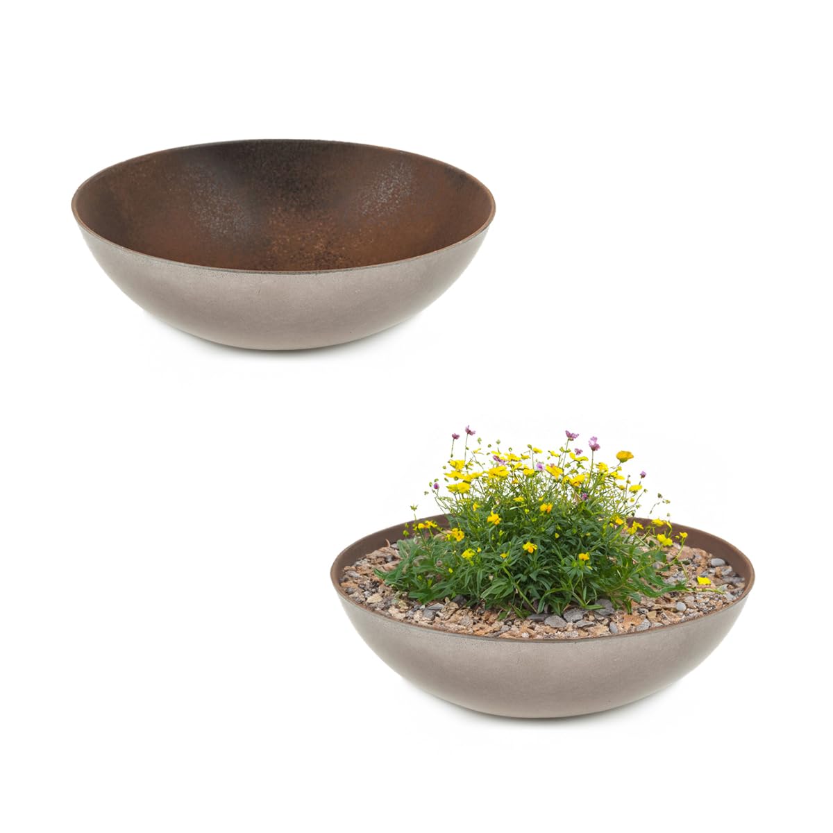 Matches21 - Macetas decorativas para exteriores, 2 cuencos decorativos en aspecto oxidado, color marrón oxidado como macetero, cuencos altos de 19 cm para jardín, balcón o cementerio como adorno de