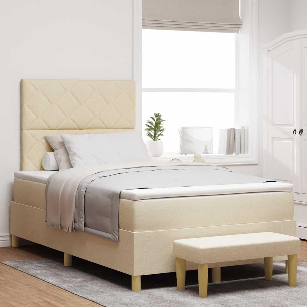 Cama con somier con colchón color crema de 120 x 200 cm, estructura moderna con colchón de espuma, cabecero de poliéster y banco práctico, comodidad media para un descanso