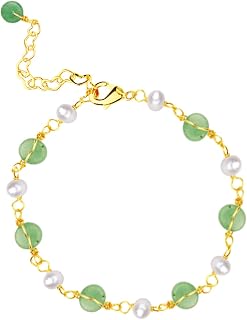Aventurine Jade Bracelet for Women Natural Freshwater Pearl Hand Chain 8inch Adjustable Good Luck Jewelry Birthday Gift for Her