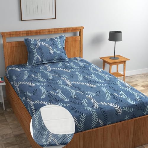 Image of Blue Strip 220TC Glace Cotton Elastic Fitted Bedsheets Single Bed with 1 Pillow Cover | Single Bed with All Around Elastic, Size 42 inch x 75 inch Inches