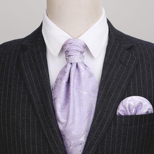 Image of HISDERN Ascot Ties for Men Paisley Floral Ascot and Pocket Square Set Classic Self Tie Mens Cravat Handkerchief for Wedding