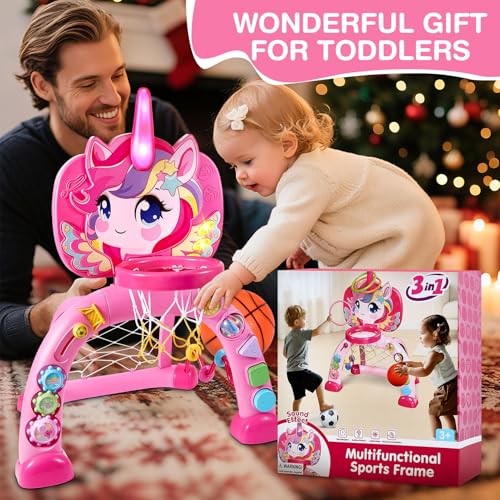 Image of DRAMATION Toddler Basketball Hoop & Soccer Goal & Ring Toss, Unicorn Baby Basketball Hoop Indoor for Kids 1-3 with Lights and 30+ Sounds, Christmas Birthday Gift Toy for Girls 1 2 3 Years Old