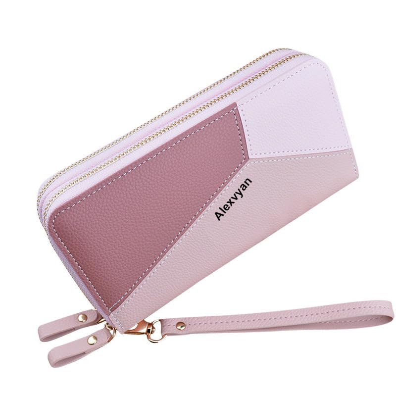 alexvyan Long Double Pocket Pink Zipper Women Female Girl Wallet Large Capacity PU Leather Clutch Women's Wristlet-picture-12