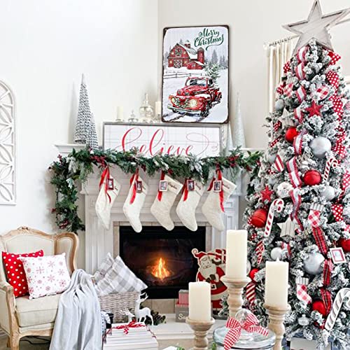 Image of Vintage Christmas Red Truck Wall Sign - Metal Plaque Sign Decorations - 8x12 Inch